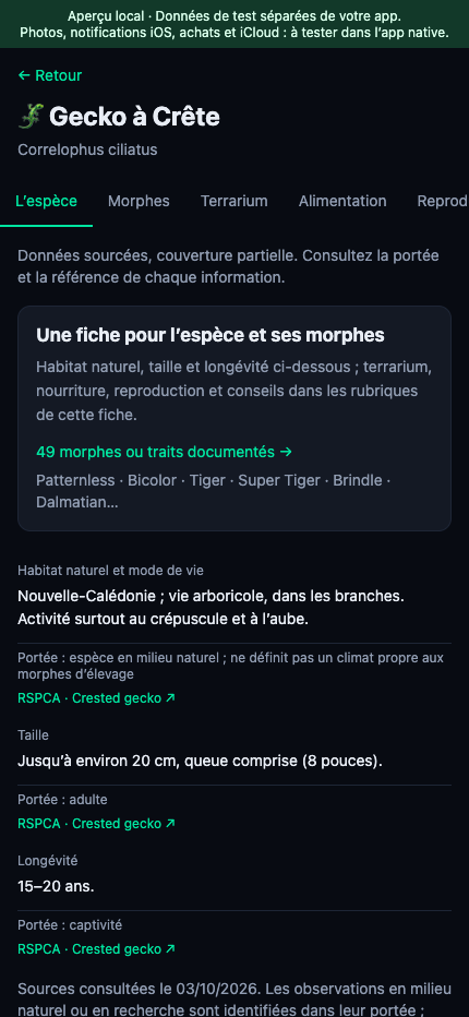Fiche espèce du gecko à crête dans SquamaTracker
