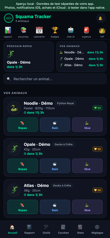 SquamaTracker : véritable écran d’accueil avec les animaux et leurs prochains repas de démonstration
