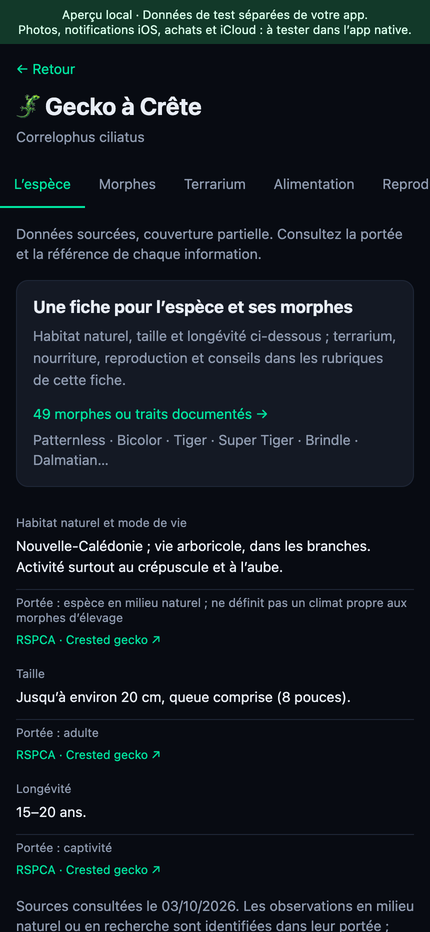 Fiche réelle du gecko à crête avec nom scientifique, morphes et sources disponibles